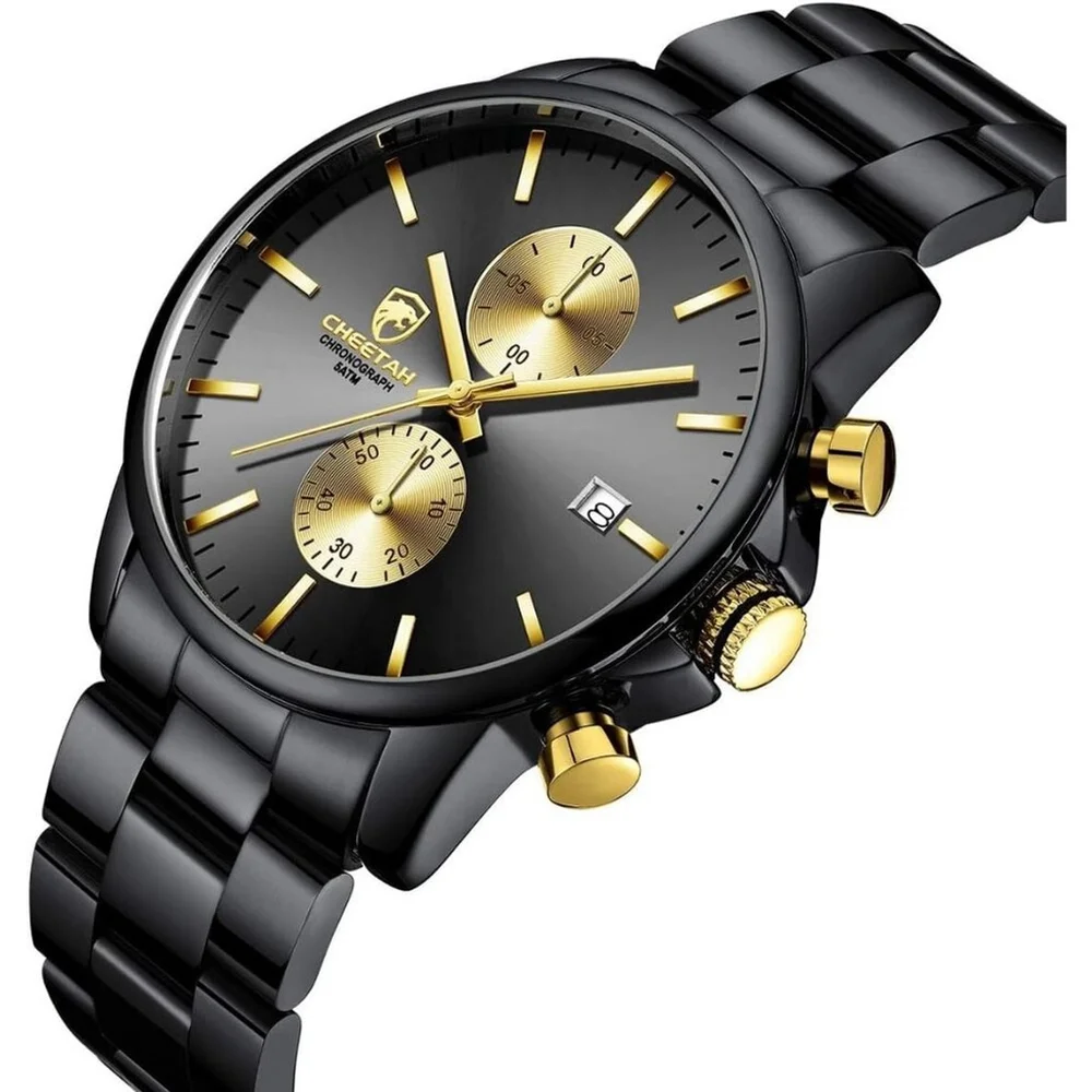 NWT Men’s Black Gold Stainless Steel Chronograph Moon Phase Dress Watch
